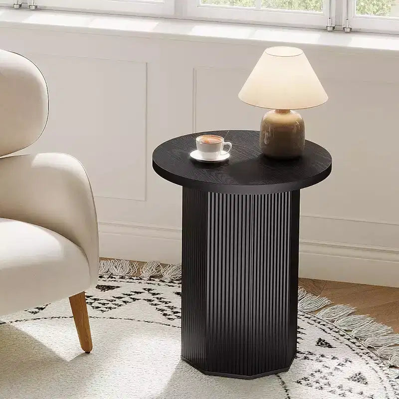 Table d'appoint ronde, Table d'appoint sur pied de ferme, Table de chevet en bois cannelé, Support de boisson pour salon, chambre, noir