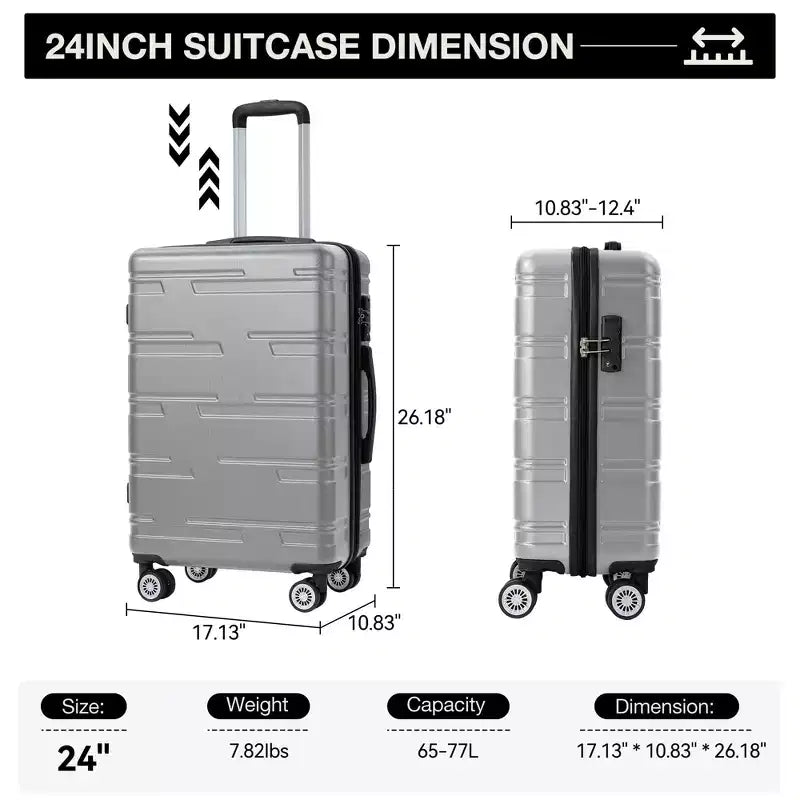 Valise cabine rigide extensible de 24 pouces avec roues pivotantes, valise cabine rigide avec serrure TSA, valise rigide légère