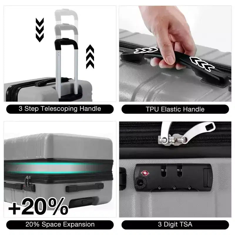 Valise cabine rigide extensible de 24 pouces avec roues pivotantes, valise cabine rigide avec serrure TSA, valise rigide légère