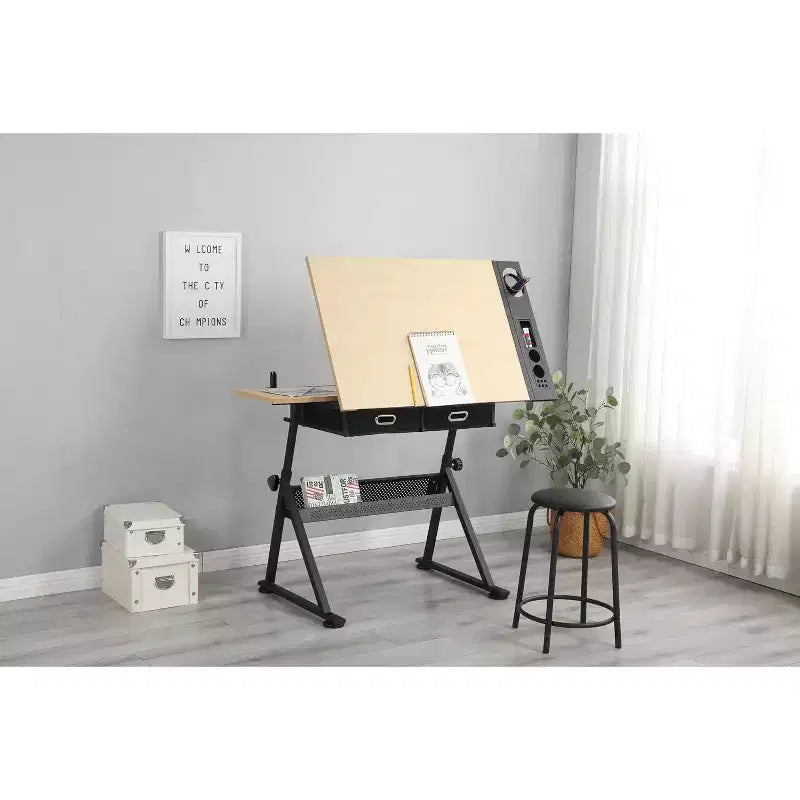 Table à Dessin Réglable en Hauteur avec Inclinaison 0-75°, Table d'Artiste Adulte, avec Deux Tiroirs de Rangement et un Tabouret, Table d'Art, Table à Dessin pour Peintre, Chêne Blanc