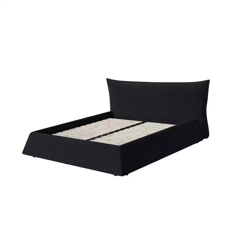Lit plateforme tapissé King Size, Cadre de lit en métal et bois massif avec tête de lit en velours de forme spéciale