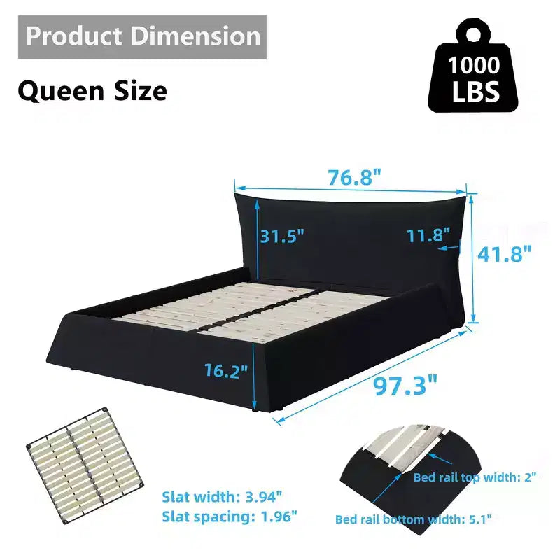 Lit plateforme tapissé King Size, Cadre de lit en métal et bois massif avec tête de lit en velours de forme spéciale