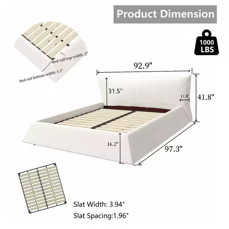 Lit plateforme tapissé King Size, Cadre de lit en métal et bois massif avec tête de lit en velours de forme spéciale
