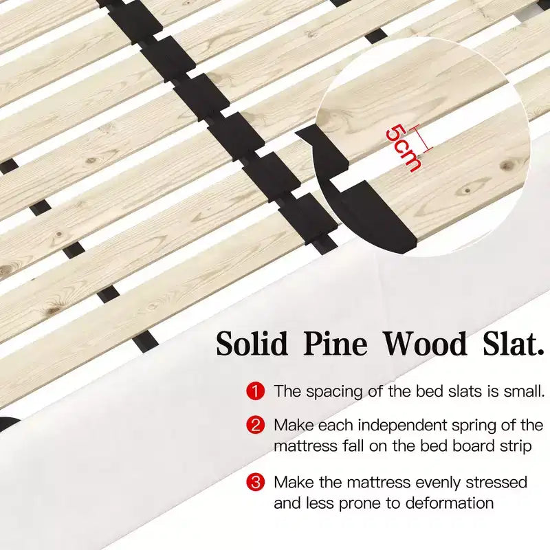 Lit plateforme tapissé King Size, Cadre de lit en métal et bois massif avec tête de lit en velours de forme spéciale