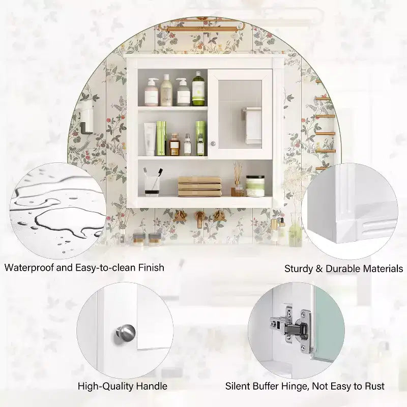 Armoire de toilette rectangulaire en MDF de 32 po L x 28 po H avec miroir, 5 étagères amovibles et charnières à fermeture amortie