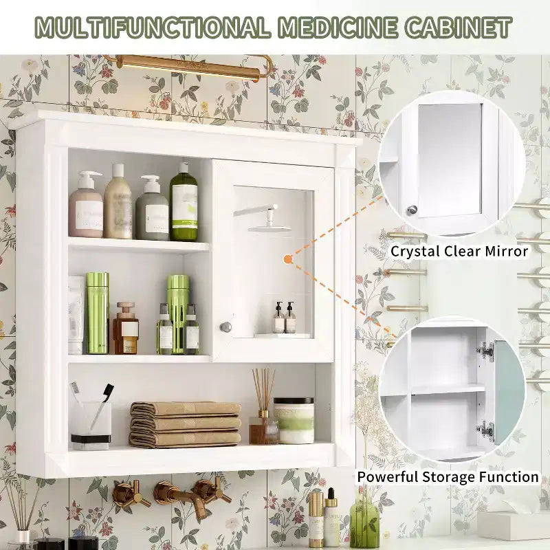 Armoire de toilette rectangulaire en MDF de 32 po L x 28 po H avec miroir, 5 étagères amovibles et charnières à fermeture amortie
