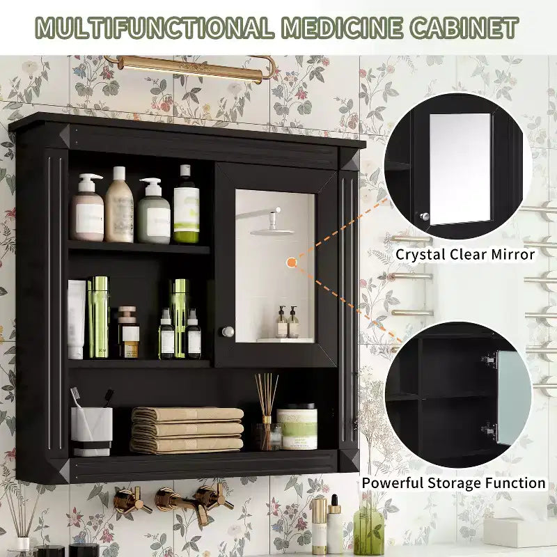 Armoire de toilette rectangulaire en MDF de 32 po L x 28 po H avec miroir, 5 étagères amovibles et charnières à fermeture amortie