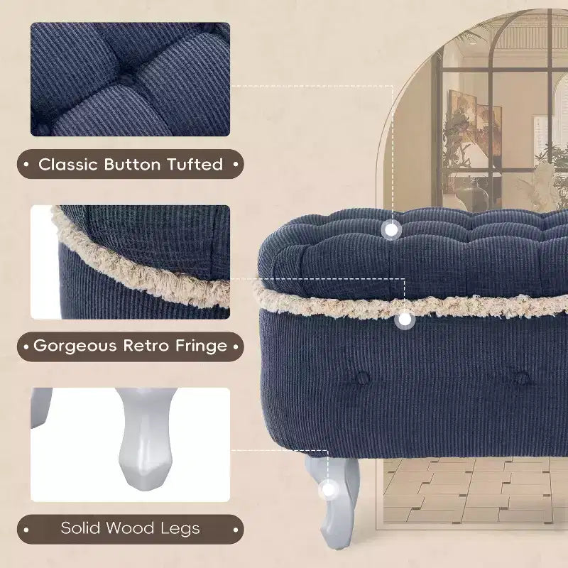 Banc de rangement capitonné, banc de pied de lit en tissu avec touffetage et franges, plateau relevable, banc de bout de lit pour chambre à coucher, salon