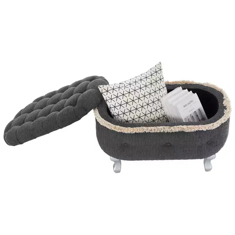 Banc de rangement capitonné, banc de pied de lit en tissu avec touffetage et franges, plateau relevable, banc de bout de lit pour chambre à coucher, salon