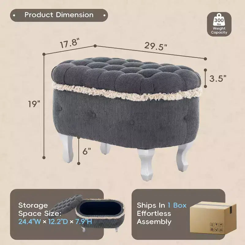 Banc de rangement capitonné, banc de pied de lit en tissu avec touffetage et franges, plateau relevable, banc de bout de lit pour chambre à coucher, salon