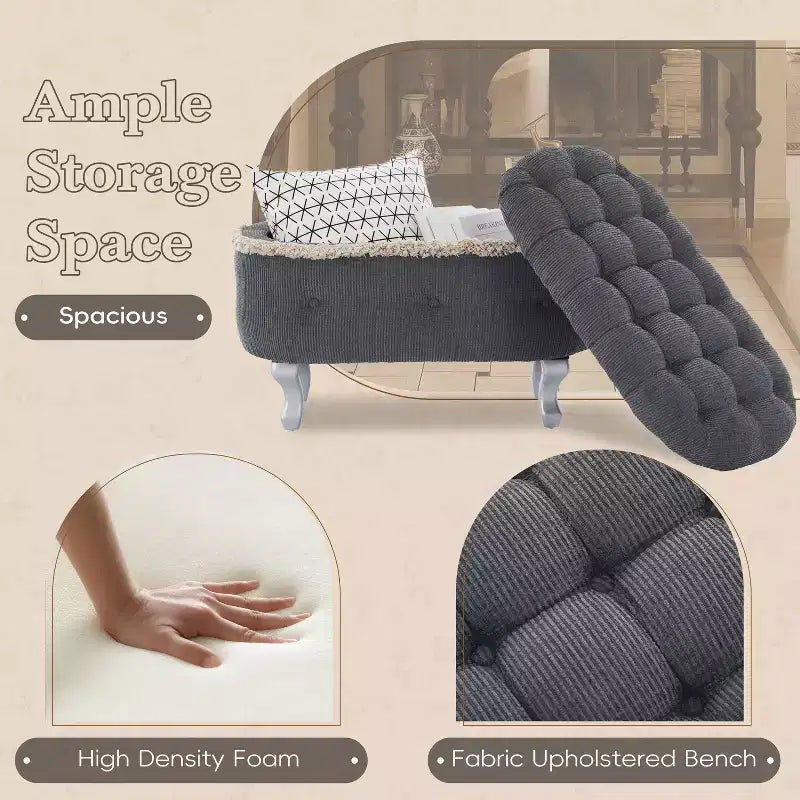 Banc de rangement capitonné, banc de pied de lit en tissu avec touffetage et franges, plateau relevable, banc de bout de lit pour chambre à coucher, salon