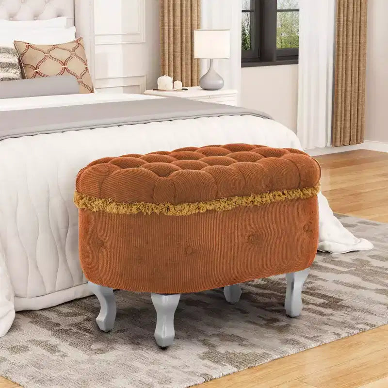 Banc de rangement capitonné, banc de pied de lit en tissu avec touffetage et franges, plateau relevable, banc de bout de lit pour chambre à coucher, salon