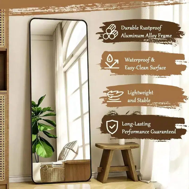 Miroir sur pied pleine longueur de 56 x 21 pouces, miroir rectangulaire à corps entier avec coins arrondis et support, noir, pour chambre à coucher et salon