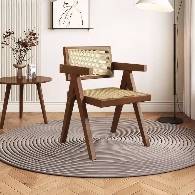 Lot de 2 chaises de salle à manger modernes du milieu du siècle, chaises d'appoint en rotin, fauteuils confortables, chaises d'extérieur en bois avec accoudoirs pour chambre, marron