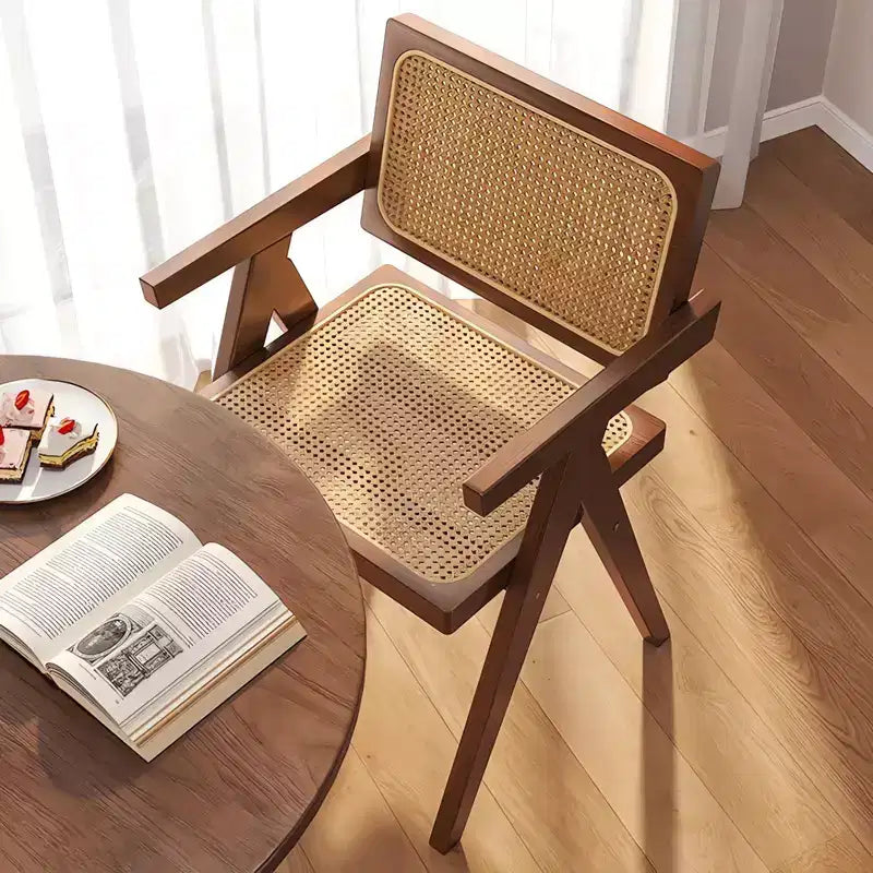 Lot de 2 chaises de salle à manger modernes du milieu du siècle, chaises d'appoint en rotin, fauteuils confortables, chaises d'extérieur en bois avec accoudoirs pour chambre, marron