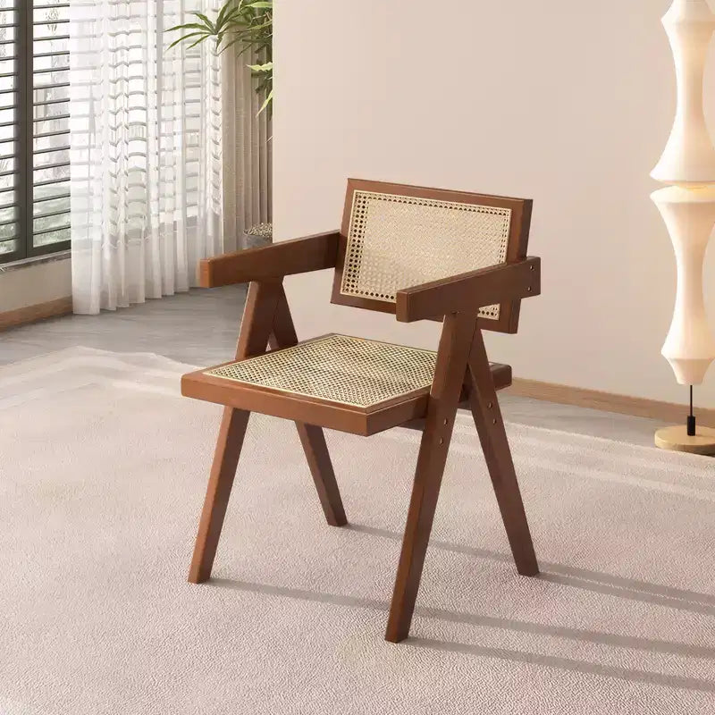 Lot de 2 chaises de salle à manger modernes du milieu du siècle, chaises d'appoint en rotin, fauteuils confortables, chaises d'extérieur en bois avec accoudoirs pour chambre, marron