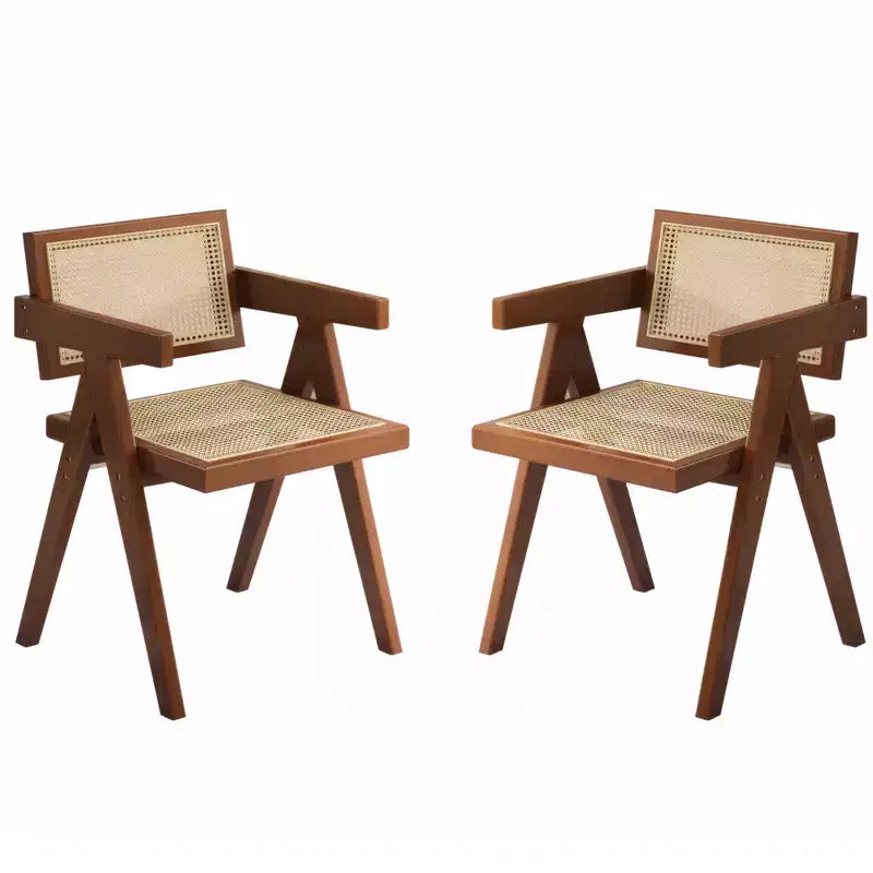 Lot de 2 chaises de salle à manger modernes du milieu du siècle, chaises d'appoint en rotin, fauteuils confortables, chaises d'extérieur en bois avec accoudoirs pour chambre, marron