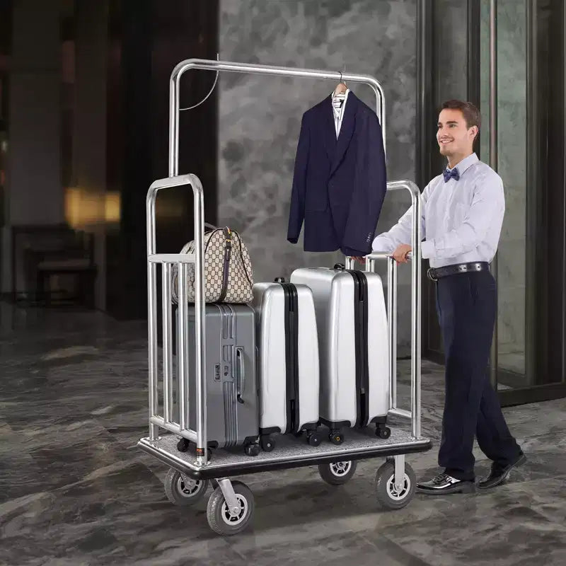 Chariot à bagages d'hôtel, capacité de charge de 544 kg, finition acier inoxydable brossé, chariot de bagagiste, chariot de voiturier avec plateforme recouverte de moquette grise et roues de 8 pouces, argent