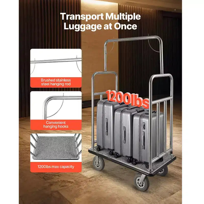Chariot à bagages d'hôtel, capacité de charge de 544 kg, finition acier inoxydable brossé, chariot de bagagiste, chariot de voiturier avec plateforme recouverte de moquette grise et roues de 8 pouces, argent