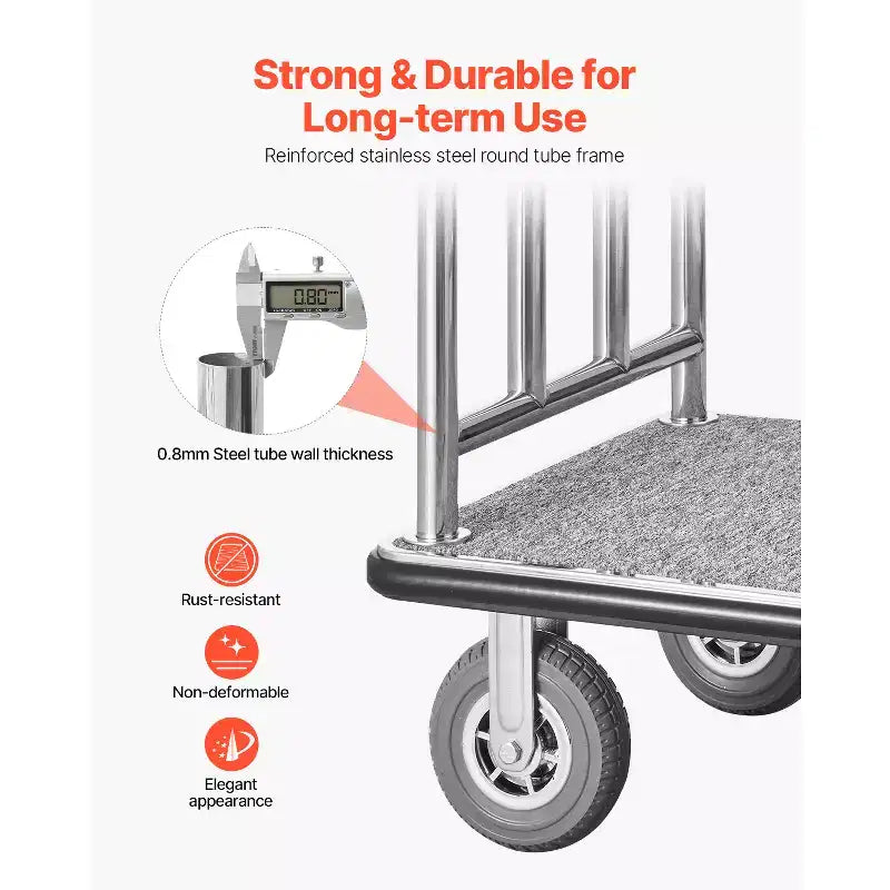 Chariot à bagages d'hôtel, capacité de charge de 544 kg, finition acier inoxydable brossé, chariot de bagagiste, chariot de voiturier avec plateforme recouverte de moquette grise et roues de 8 pouces, argent