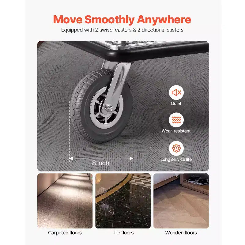 Chariot à bagages d'hôtel, capacité de charge de 544 kg, finition acier inoxydable brossé, chariot de bagagiste, chariot de voiturier avec plateforme recouverte de moquette grise et roues de 8 pouces, argent