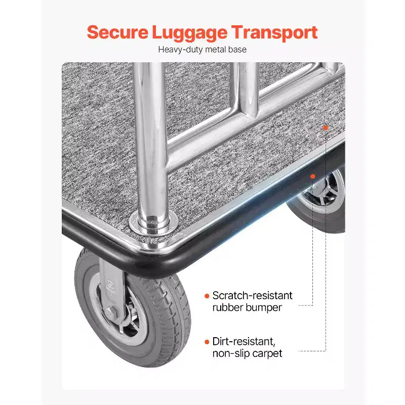 Chariot à bagages d'hôtel, capacité de charge de 544 kg, finition acier inoxydable brossé, chariot de bagagiste, chariot de voiturier avec plateforme recouverte de moquette grise et roues de 8 pouces, argent
