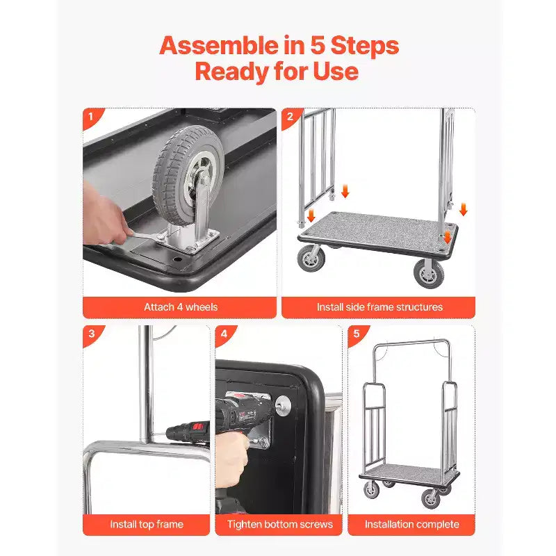 Chariot à bagages d'hôtel, capacité de charge de 544 kg, finition acier inoxydable brossé, chariot de bagagiste, chariot de voiturier avec plateforme recouverte de moquette grise et roues de 8 pouces, argent