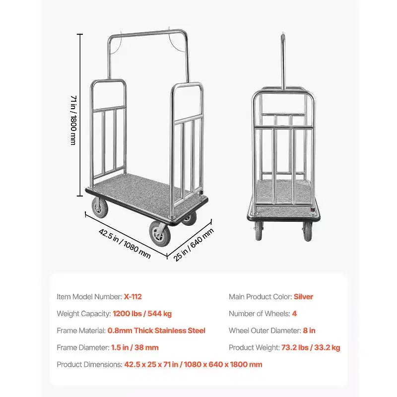 Chariot à bagages d'hôtel, capacité de charge de 544 kg, finition acier inoxydable brossé, chariot de bagagiste, chariot de voiturier avec plateforme recouverte de moquette grise et roues de 8 pouces, argent