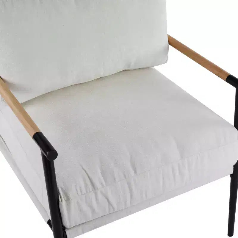 Fauteuil moderne, coussins moelleux, structure métallique minimaliste, accoudoirs en bois, salon, chambre, bureau