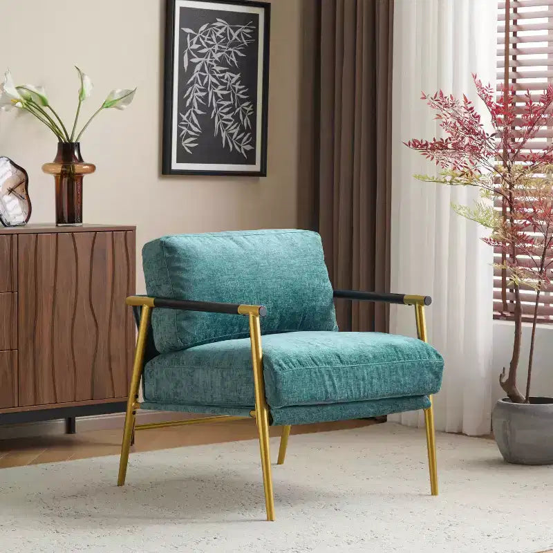 Fauteuil moderne, coussins moelleux, structure métallique minimaliste, accoudoirs en bois, salon, chambre, bureau