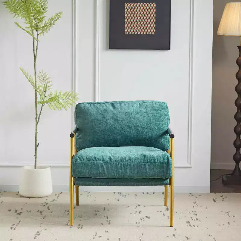 Fauteuil moderne, coussins moelleux, structure métallique minimaliste, accoudoirs en bois, salon, chambre, bureau