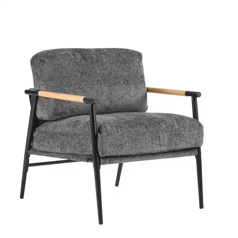 Fauteuil moderne, coussins moelleux, structure métallique minimaliste, accoudoirs en bois, salon, chambre, bureau