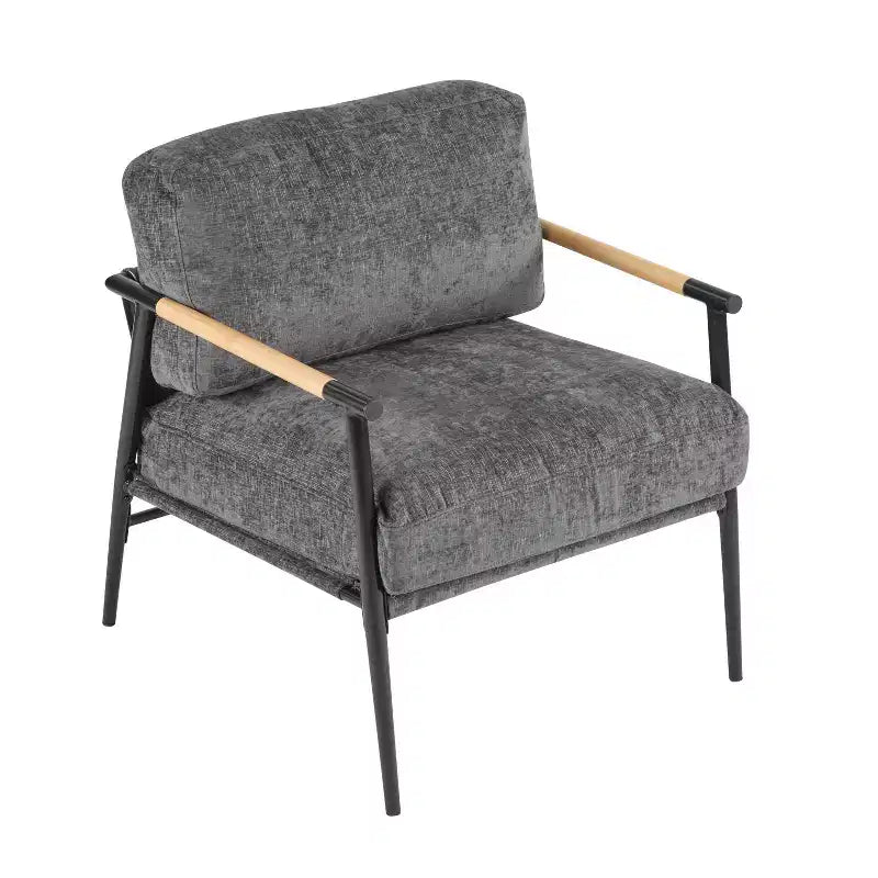 Fauteuil moderne, coussins moelleux, structure métallique minimaliste, accoudoirs en bois, salon, chambre, bureau