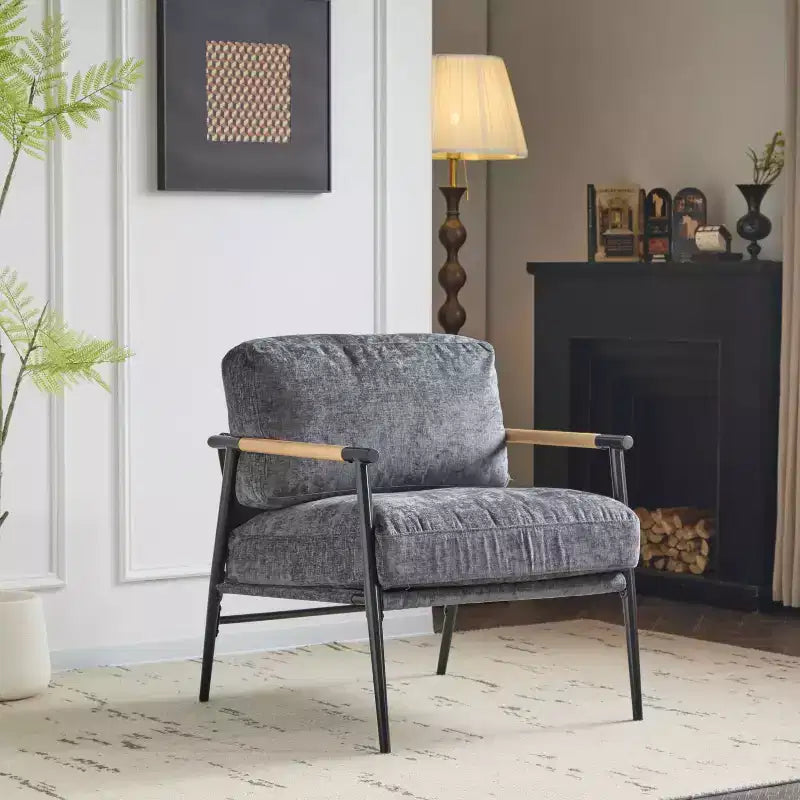 Fauteuil moderne, coussins moelleux, structure métallique minimaliste, accoudoirs en bois, salon, chambre, bureau
