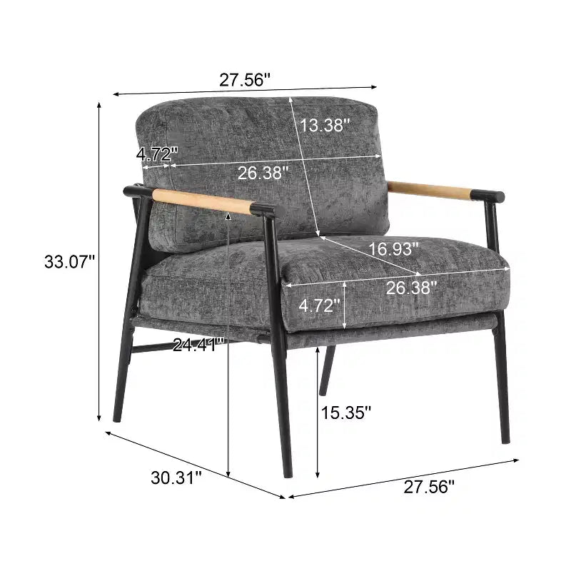 Fauteuil moderne, coussins moelleux, structure métallique minimaliste, accoudoirs en bois, salon, chambre, bureau