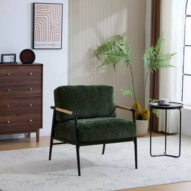 Fauteuil moderne, coussins moelleux, structure métallique minimaliste, accoudoirs en bois, salon, chambre, bureau