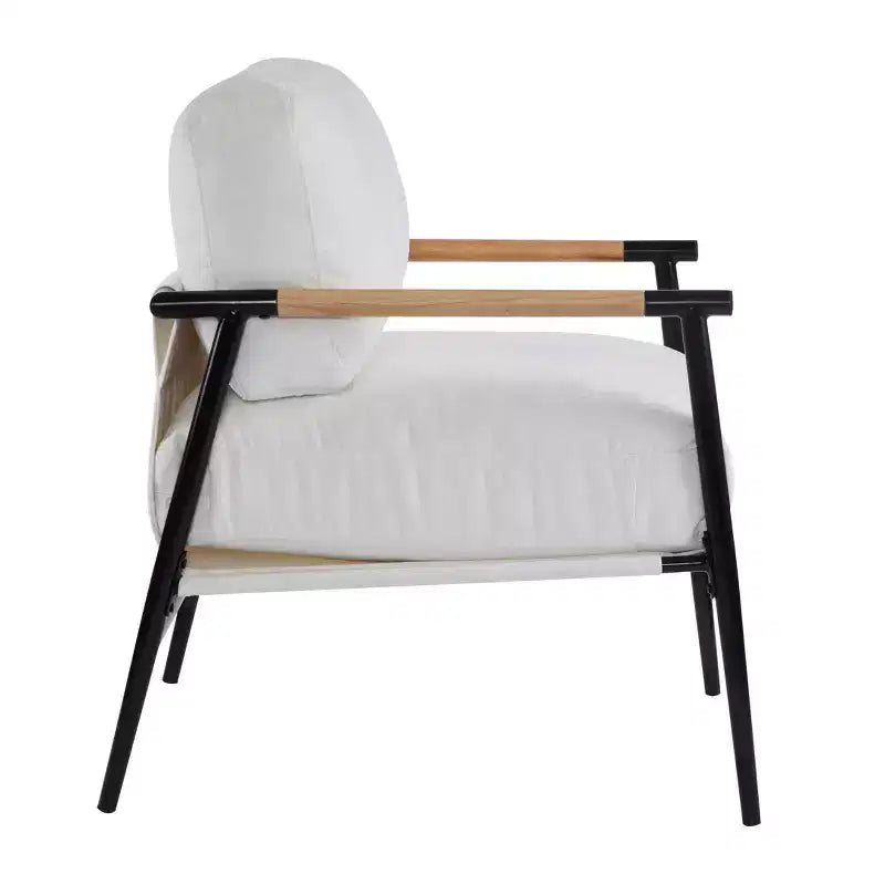 Fauteuil moderne, coussins moelleux, structure métallique minimaliste, accoudoirs en bois, salon, chambre, bureau