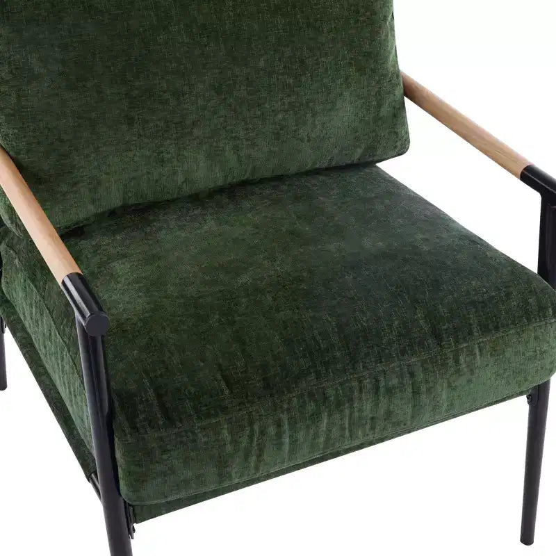 Fauteuil moderne, coussins moelleux, structure métallique minimaliste, accoudoirs en bois, salon, chambre, bureau