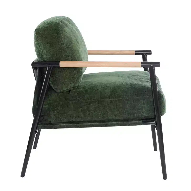 Fauteuil moderne, coussins moelleux, structure métallique minimaliste, accoudoirs en bois, salon, chambre, bureau