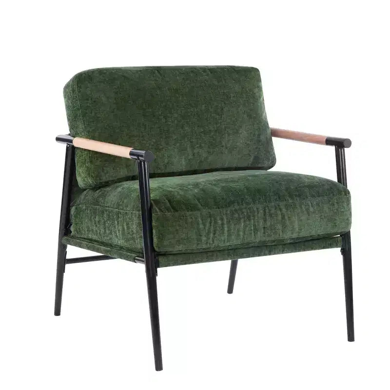 Fauteuil moderne, coussins moelleux, structure métallique minimaliste, accoudoirs en bois, salon, chambre, bureau