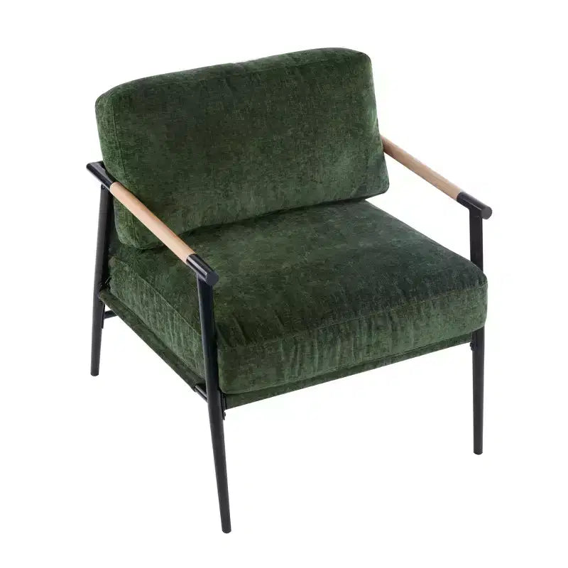 Fauteuil moderne, coussins moelleux, structure métallique minimaliste, accoudoirs en bois, salon, chambre, bureau