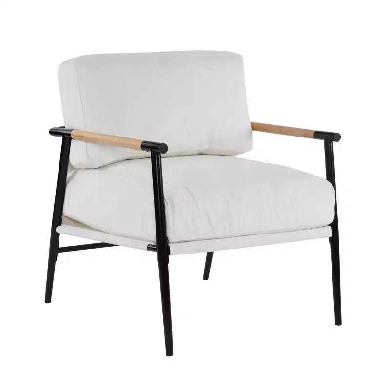 Fauteuil moderne, coussins moelleux, structure métallique minimaliste, accoudoirs en bois, salon, chambre, bureau