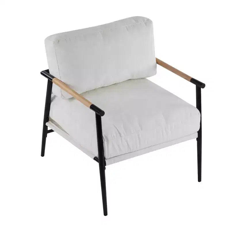 Fauteuil moderne, coussins moelleux, structure métallique minimaliste, accoudoirs en bois, salon, chambre, bureau