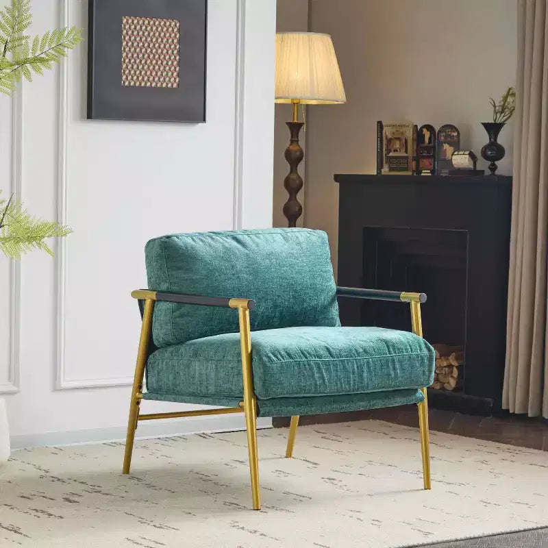 Fauteuil moderne, coussins moelleux, structure métallique minimaliste, accoudoirs en bois, salon, chambre, bureau