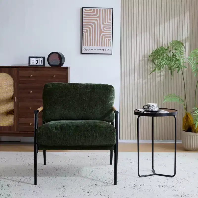 Fauteuil moderne, coussins moelleux, structure métallique minimaliste, accoudoirs en bois, salon, chambre, bureau