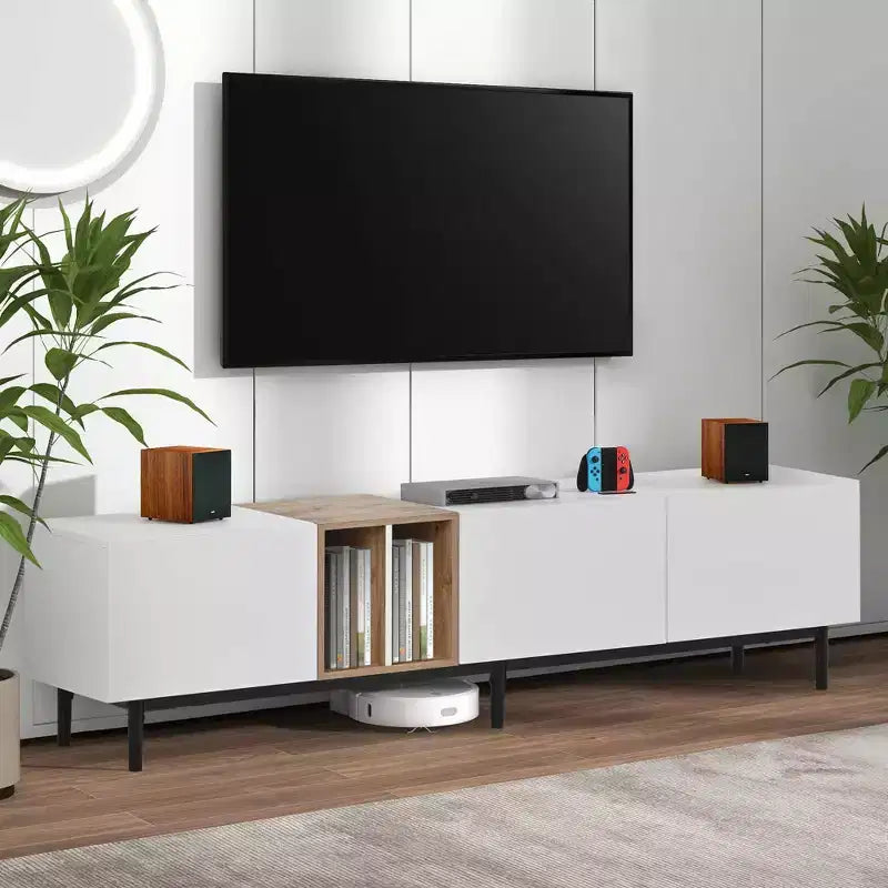 Meuble TV Moderne pour Téléviseur de 80 pouces avec 3 Portes, Meuble de Divertissement avec Grand Rangement pour Salon Chambre Blanc