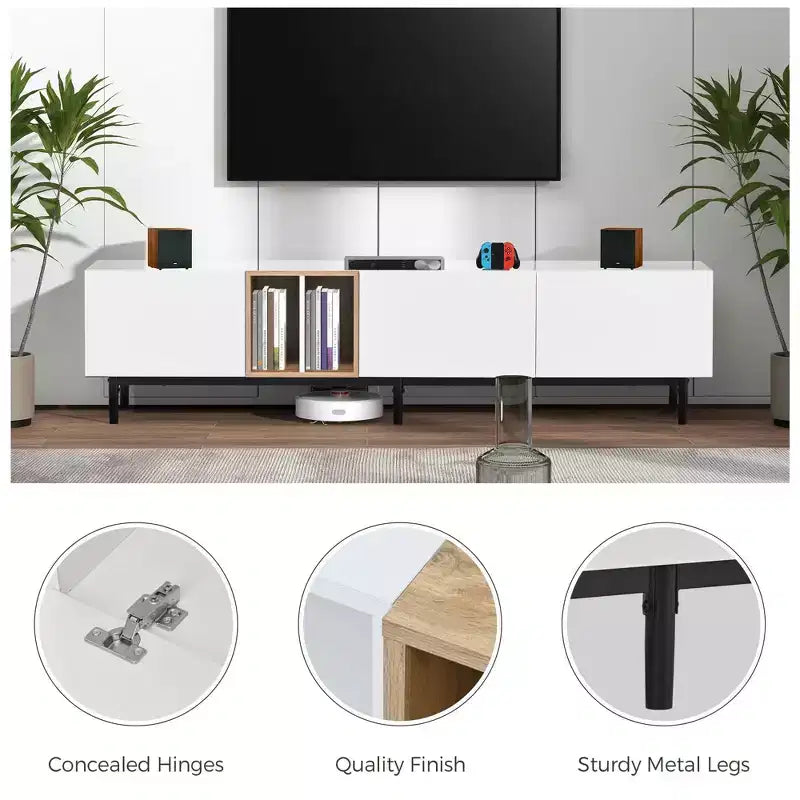 Meuble TV Moderne pour Téléviseur de 80 pouces avec 3 Portes, Meuble de Divertissement avec Grand Rangement pour Salon Chambre Blanc