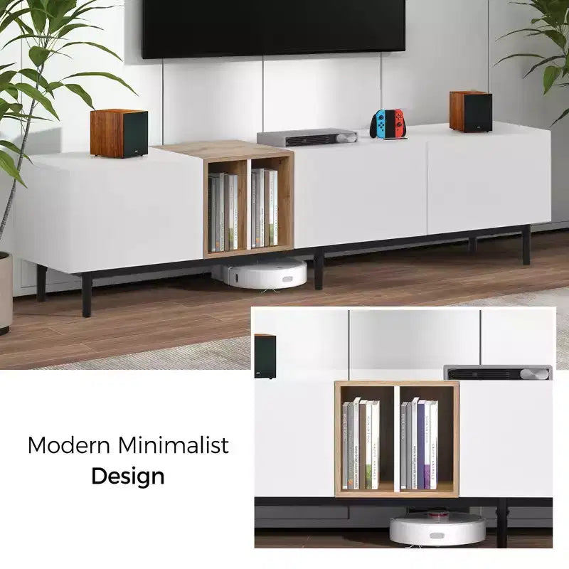 Meuble TV Moderne pour Téléviseur de 80 pouces avec 3 Portes, Meuble de Divertissement avec Grand Rangement pour Salon Chambre Blanc