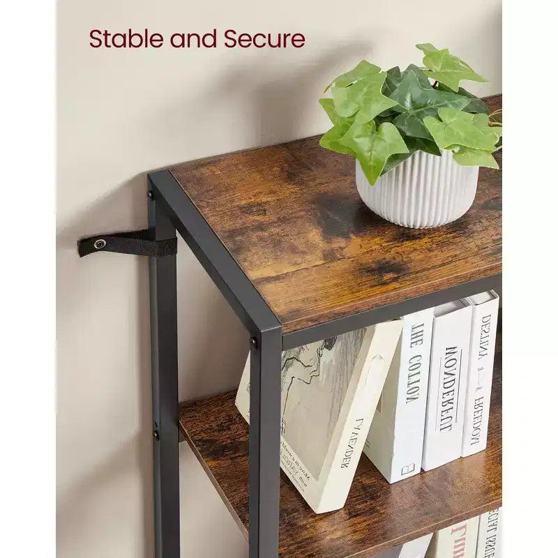 Étagère d'angle à 6 niveaux, étagère à cadre métallique convertible avec pieds réglables, capacité de 210 kg pour salon et bureau, marron rustique et noir
