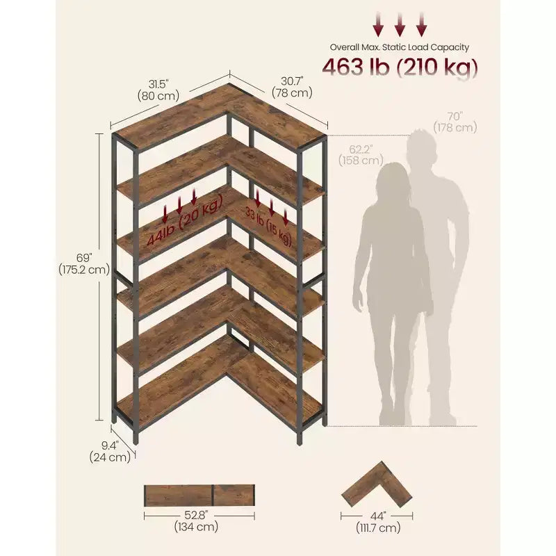 Étagère d'angle à 6 niveaux, étagère à cadre métallique convertible avec pieds réglables, capacité de 210 kg pour salon et bureau, marron rustique et noir